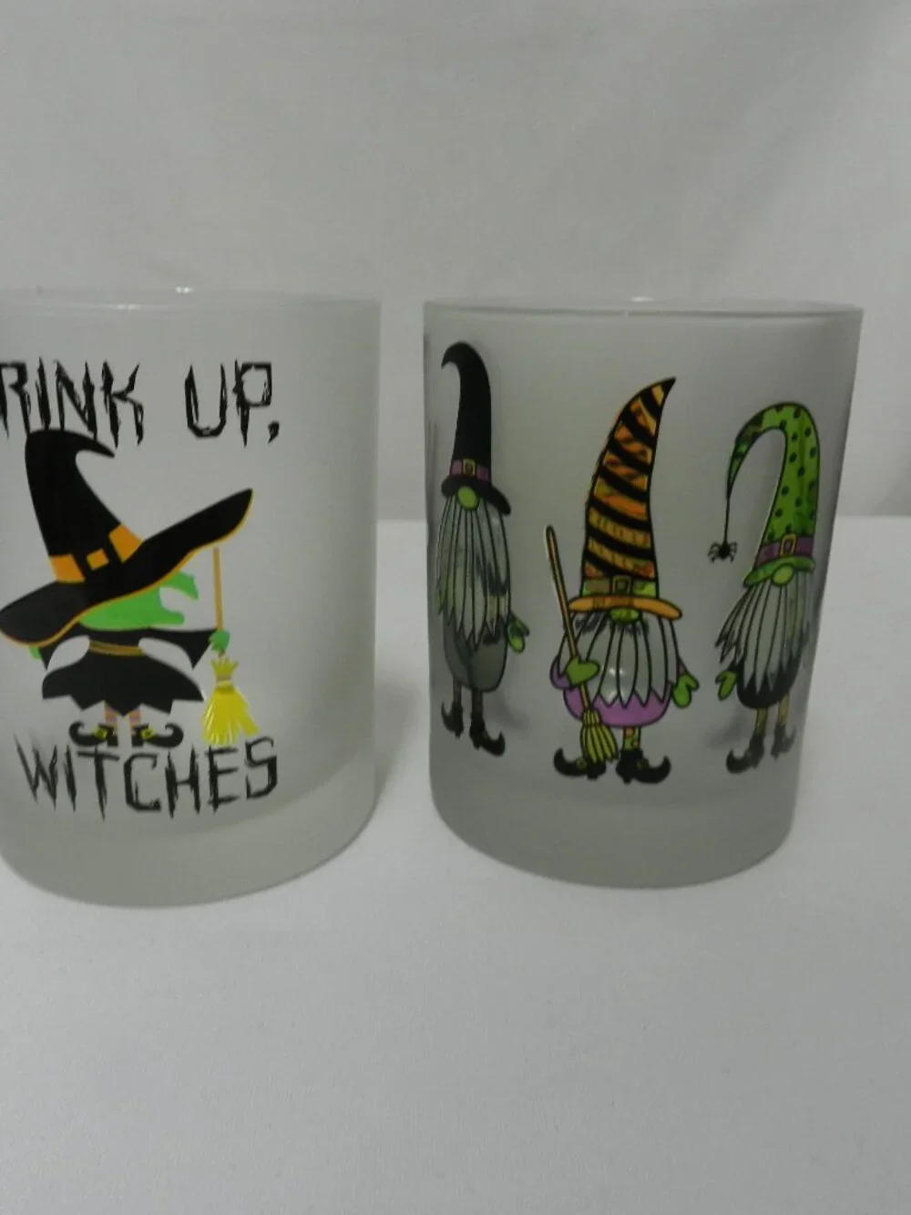 Culver Double Old Fashioned Gnomes Witches Halloween Frosted Glass Set 2 NEW